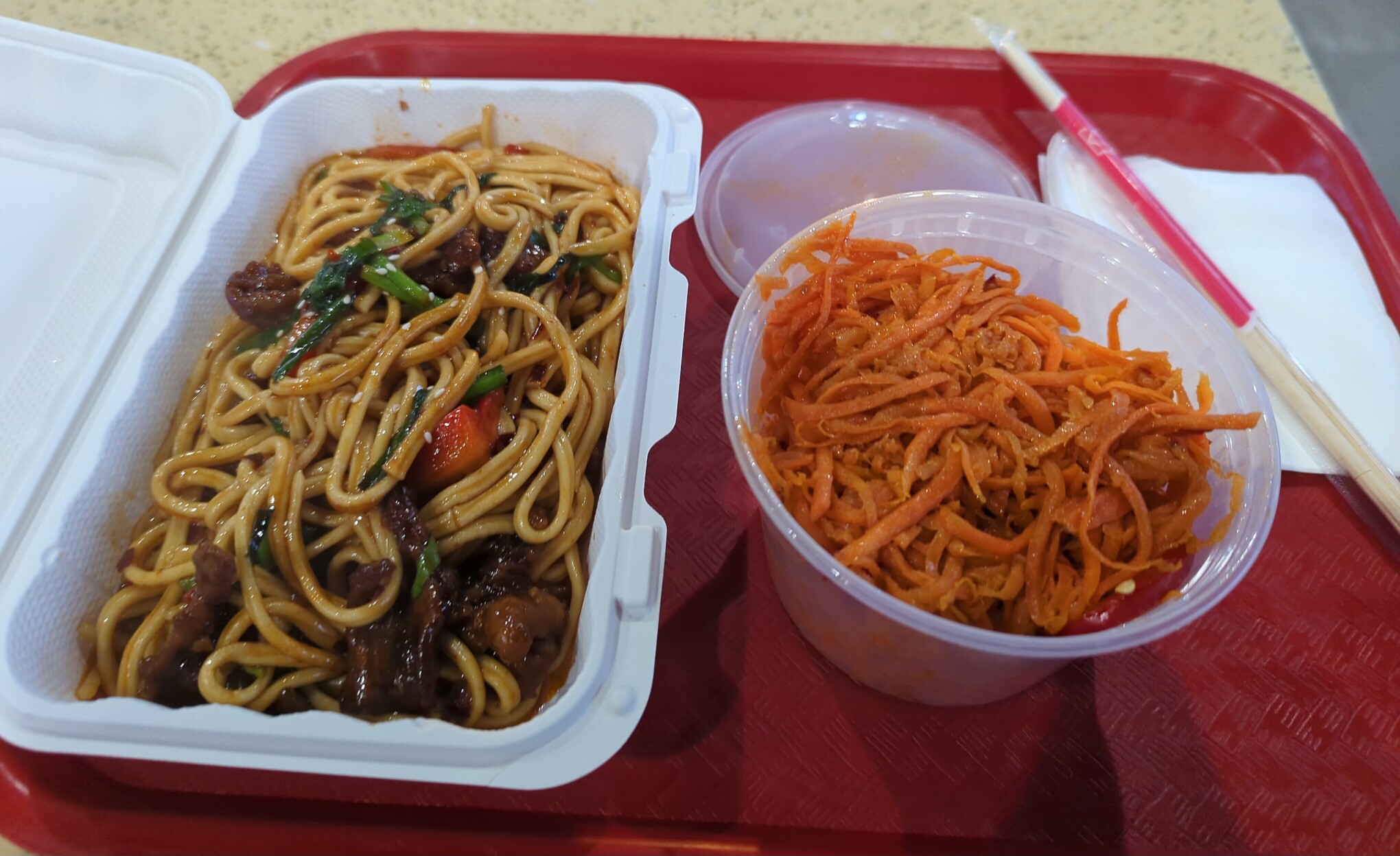 Dry fried noodles and carrot salad