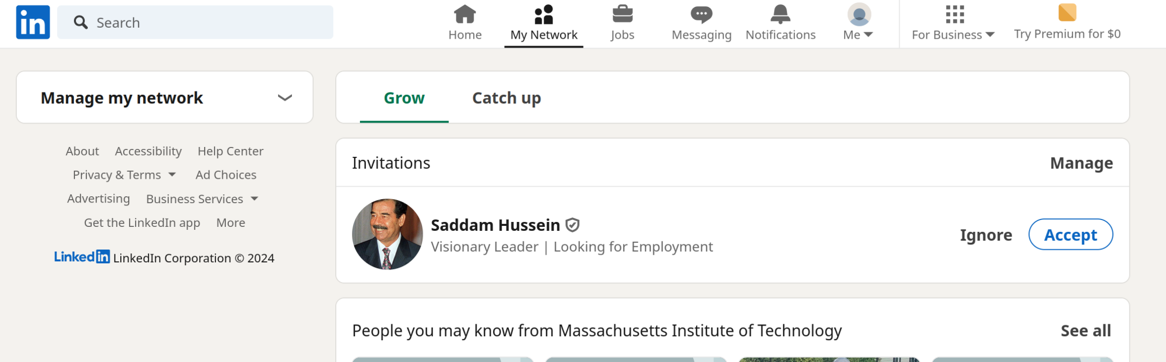 A joke screenshot of Saddam requesting to connect with me on LinkedIn