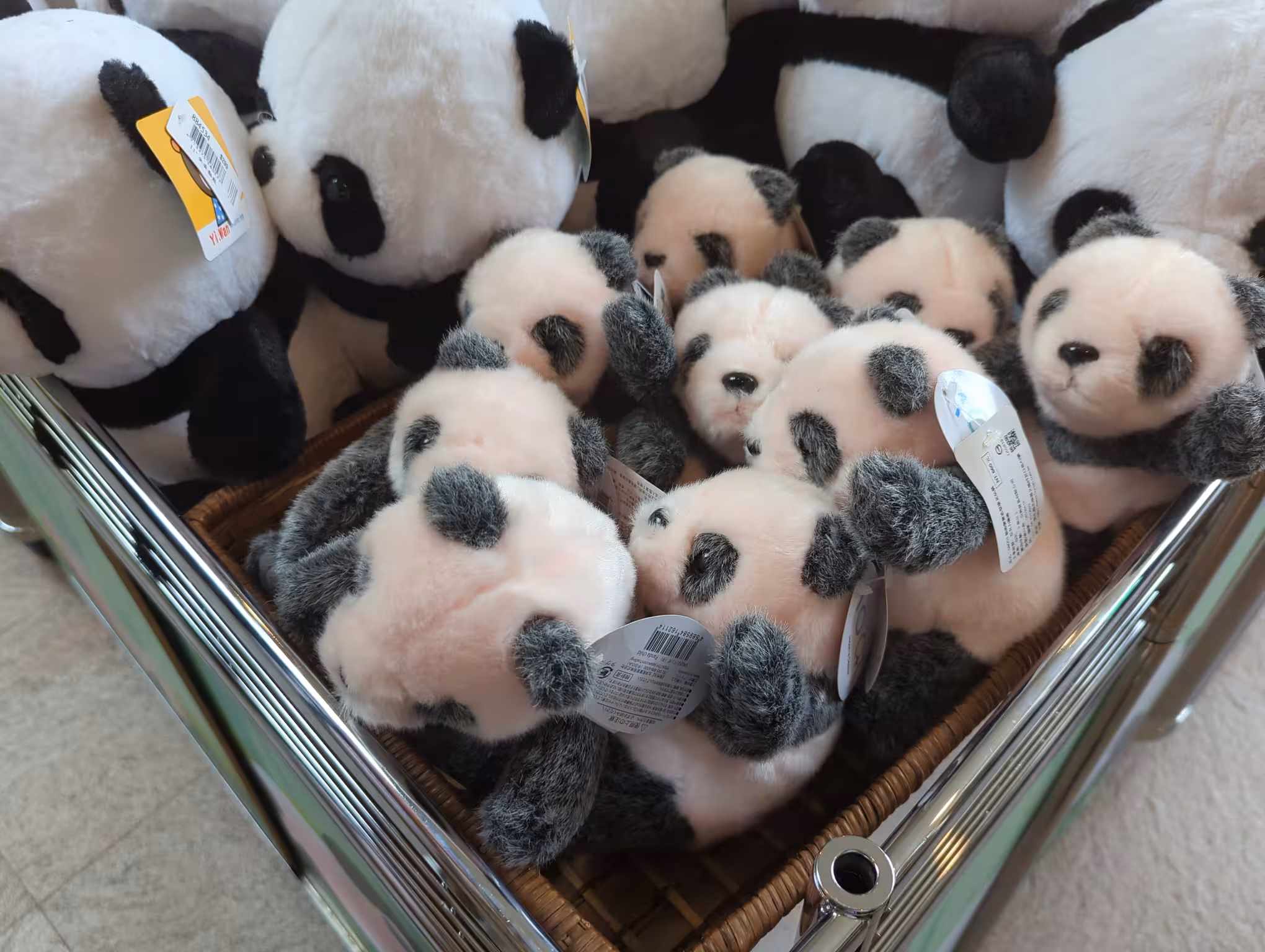 Pink infant panda plushies at the Taipei Zoo
